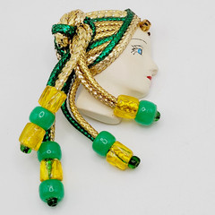 Lady Face Hand Painted Resin Braided Bead Long Hair Art Deco Revival Brooch Pin