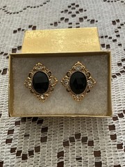 1928 Vintage Black Gold Tone & Rhinestone Pierced Post Earrings