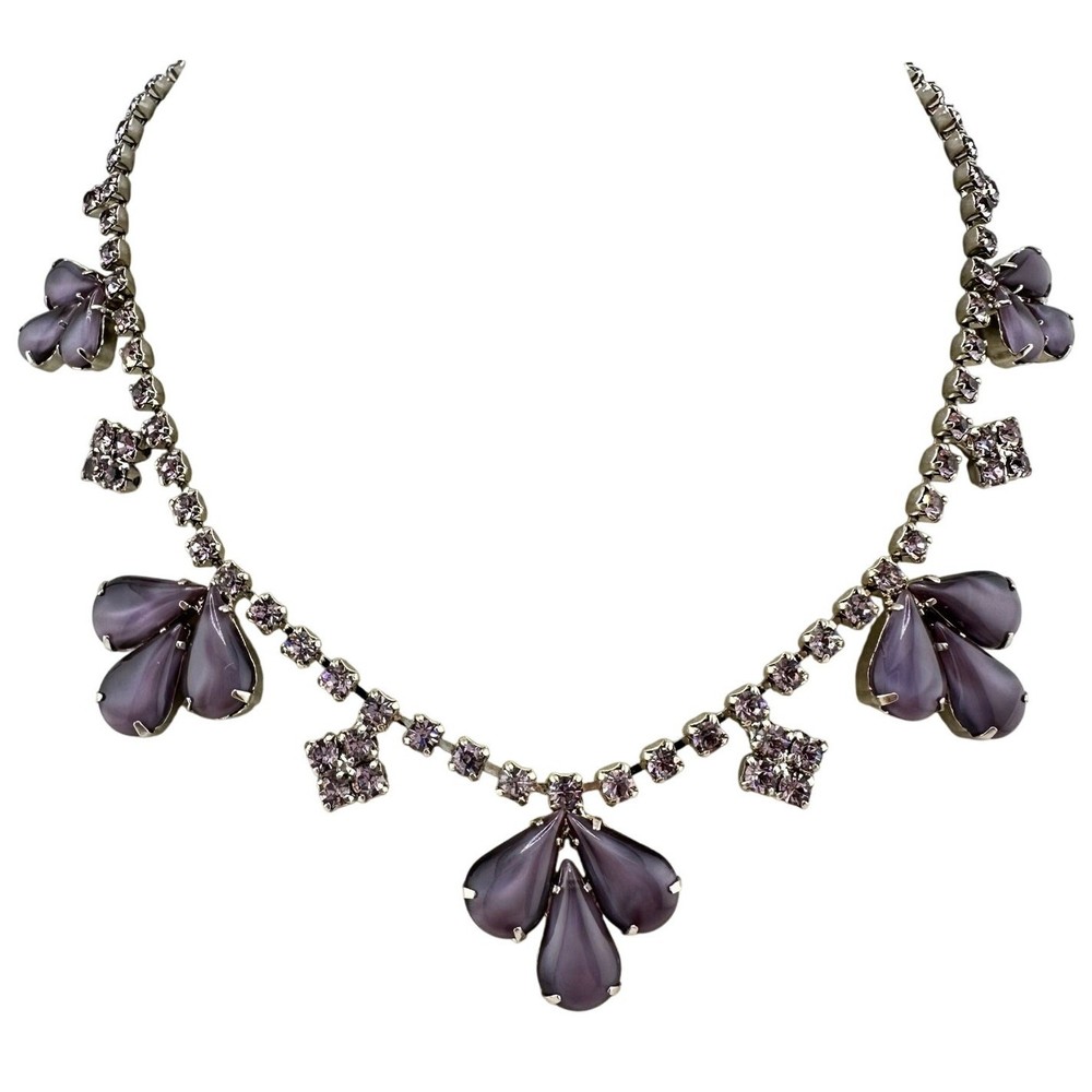 Vintage Purple Moonglow Glass 1950s 1960s Silver Tone Choker 14″ Necklace