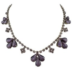 Vintage Purple Moonglow Glass 1950s 1960s Silver Tone Choker 14″ Necklace