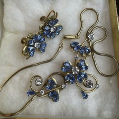 Vintage Krementz Blue Floral Necklace Earrings, 14k Rolled Gold