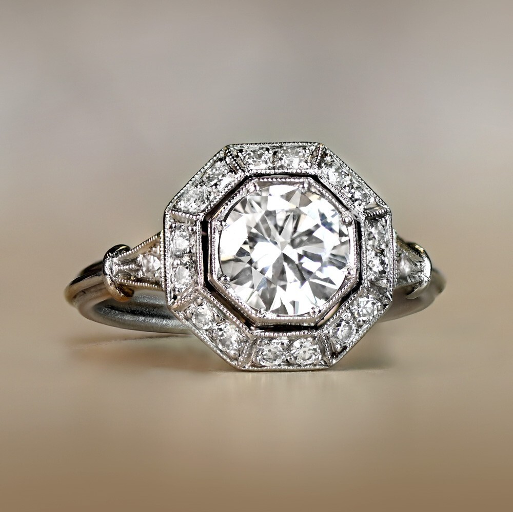 Art Deco Style Round Cut Lab Created Diamond Halo 925 Silver Engagement Ring