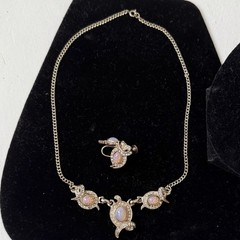 Anthony Vintage 16” Pendant Necklace, Earrings, Faux Opals, Rhinestones, 1950’s
