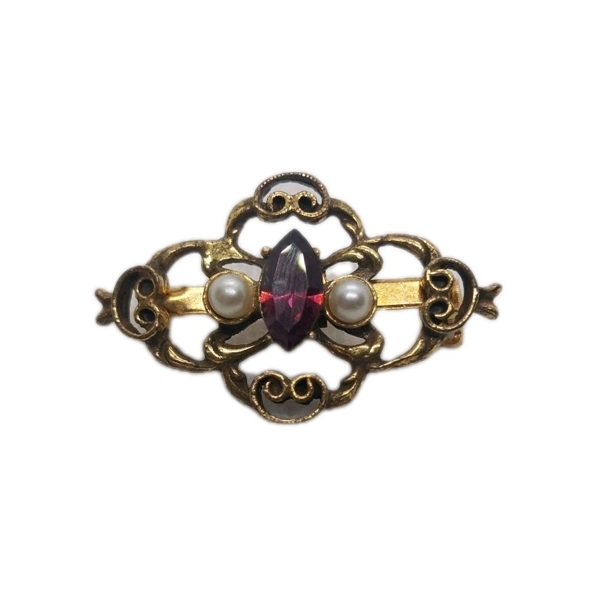 Vintage Gold-Tone Filigree Brooch Purple Marquise Shape Glass Stone Faux Pearl