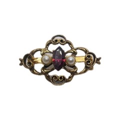 Vintage Gold-Tone Filigree Brooch Purple Marquise Shape Glass Stone Faux Pearl