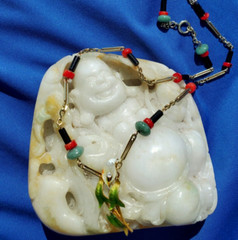 ORIGINAL Antique Deco Diamond Necklace Victorian Jade Onyx Coral Chain 14K GOLD