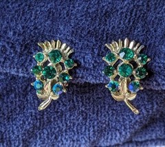 Vintage Green Peacock Blue Aurora Borealis AB Glass CLIP Earrings Feather Leaf