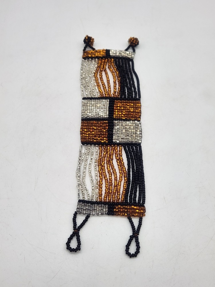 Black, Silver & Gold Woven Seed Bead Bracelet Geometric Pattern 7″
