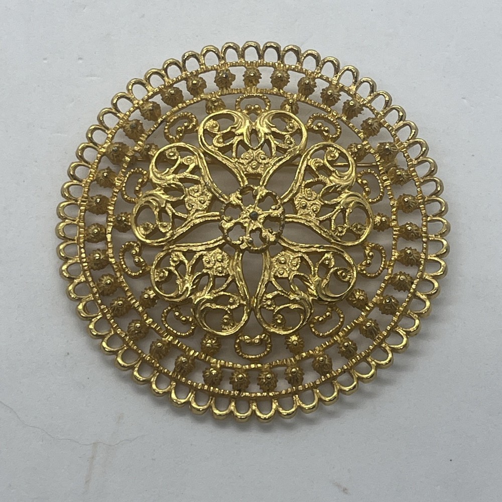 Vintage 1960’s Round Reticulated Domed Russian Gold Tone Runway Statement Pin 3″