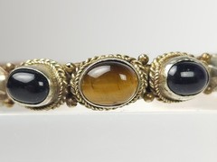 Vintage Braided Mixed Metals Bangle Bracelet Blue Goldstone Tiger Eye Stone Cuff