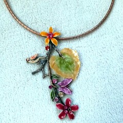 Women’s Necklace With Earring Bird on a Branch Flower on Copper Band