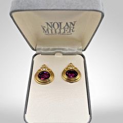 Nolan Miller Amethyst-Crystal Gold-Tone Clip On Earrings 1990s Dynasty Glamour