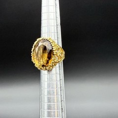 18K HGE Gold Tone Oval Faceted Brown Smoky Quartz Ornate Cocktail Ring Sz 4.75