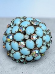 Vintage Unsigned Domed Milk Blue AB Rhinestone Flower Prong Cluster Pin Brooch
