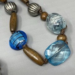 Beaded Necklace Blue Glass Fused Foil Acrylic Crackle Faceted Wood Metal 21″