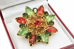 Spectacular Vintage Green Orange Navette Tri-Color Rhinestones Glass Brooch