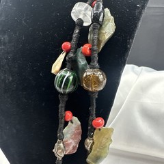 Vtg Indian Glass Beads Stone Nuggets and Seven Puffed Animals Cord Necklace.Read