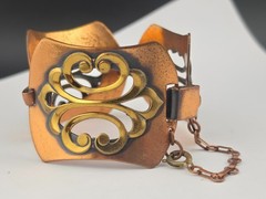 Unsigned Renoir Chunky Copper Brass Filigree Scroll Panel Bracelet Clip Earrings