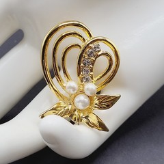 Heart Modernist Abstract Faux Pearl Rhinestone Open Metal Gold Tone Brooch Pin