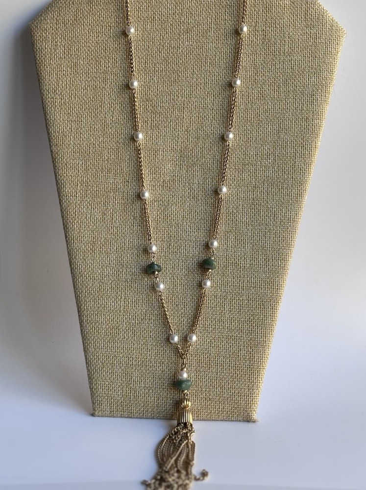 Vintage Park Lane Tassel Necklace With Faux Pearl & Jade Gold Tone Chain L198