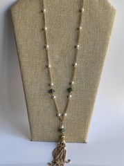 Vintage Park Lane Tassel Necklace With Faux Pearl & Jade Gold Tone Chain L198