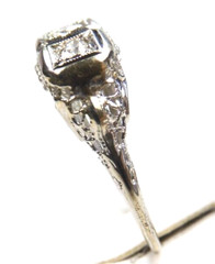 Antique Three Diamond Engagement 14K White Gold Ring Size 7.25 UK-O EGL USA Deco