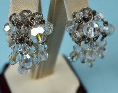 Vintage AB Crystal Glam Cha Cha Beaded Clip On Dangle Drop Earrings 1.3″