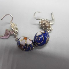 Vintage Cloisonne Necklace Earrings Leverback Signed Silver Tone 27 Inch