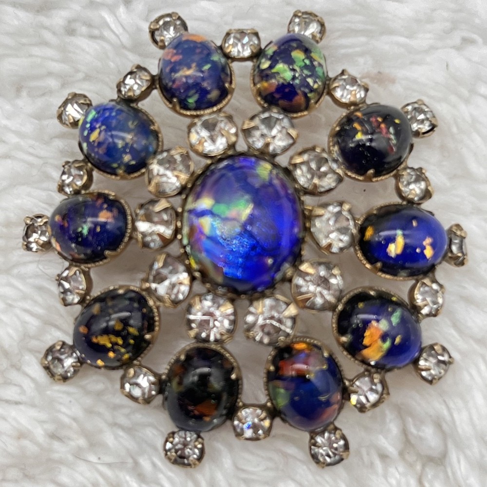 Vintage Foil Glass Brooch Pendant Combo Blue Stone Gold Filled Signed Bal Ron