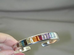 SPECTACULAR Tapered Baguette Rainbow Gemstone Channel Set Hinged Bangle Bracelet