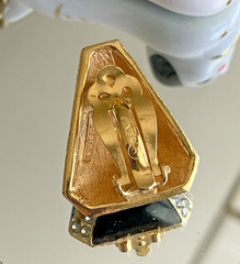 Vintage Ciner Asymmetrical Gold Plated Black Enamel Crystal Clip-On Earrings