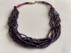 Vintage Multi-Strand Purple Peacock Seed Bead Choker Necklace Matching Earrings