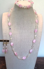 Pretty Pink and Clear Glass Bead Necklace, Earrings, and Bracelet Set, 1990-2000