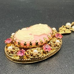 Vintage West Germany Pink Cameo Necklace Exceptional Brass Filigree 1960s