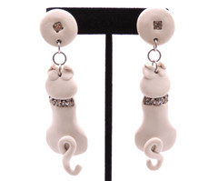 White Cat Kitty Earrings READ Vintage 80s Clay Ceramic Rhinestone Dangle Clip-On