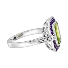 3Ct Art Deco Style Lab-Created Peridot & Amethyst Wedding 14K White Gold FN Ring