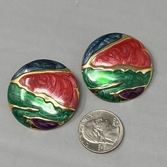 Retro Stud Button Earrings Red Green Blue Purple Gold Swirl Enamel 1980s Pierced