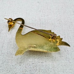 Vintage Spain Swan Brooch Gold Tone Scroll Faux Pearl Pin Spanish Jewelry 2 Inch