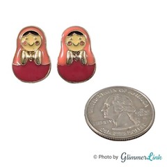 VTG Pink Matryoshka Russian Nesting Doll Enamel Gold Tone Stud Pierced Earrings