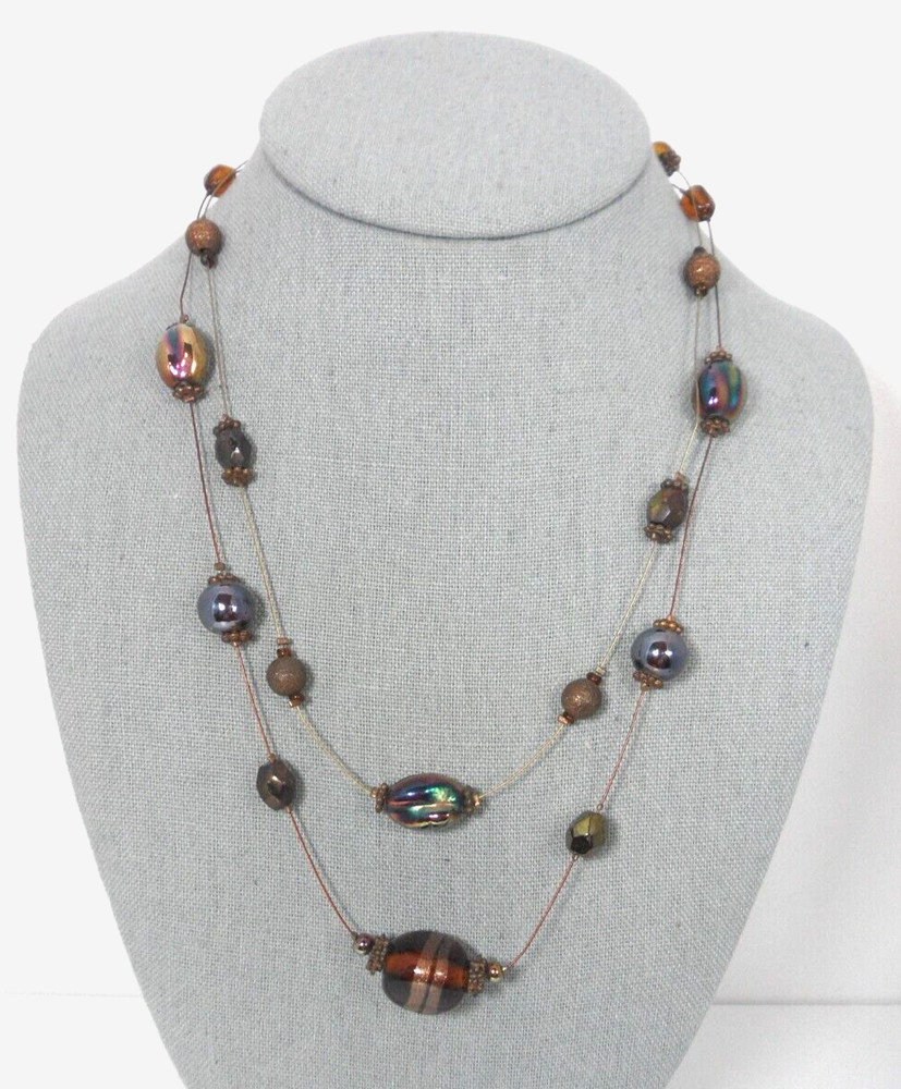 Vtg Art Glass Beaded Station Necklace Bohemian Murano Copper Iridescent 2 Strand