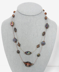 Vtg Art Glass Beaded Station Necklace Bohemian Murano Copper Iridescent 2 Strand