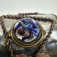 Vintage Mixed Metals Brutalist 7″ Cuff Bracelet Blue Swirl Glass Stone