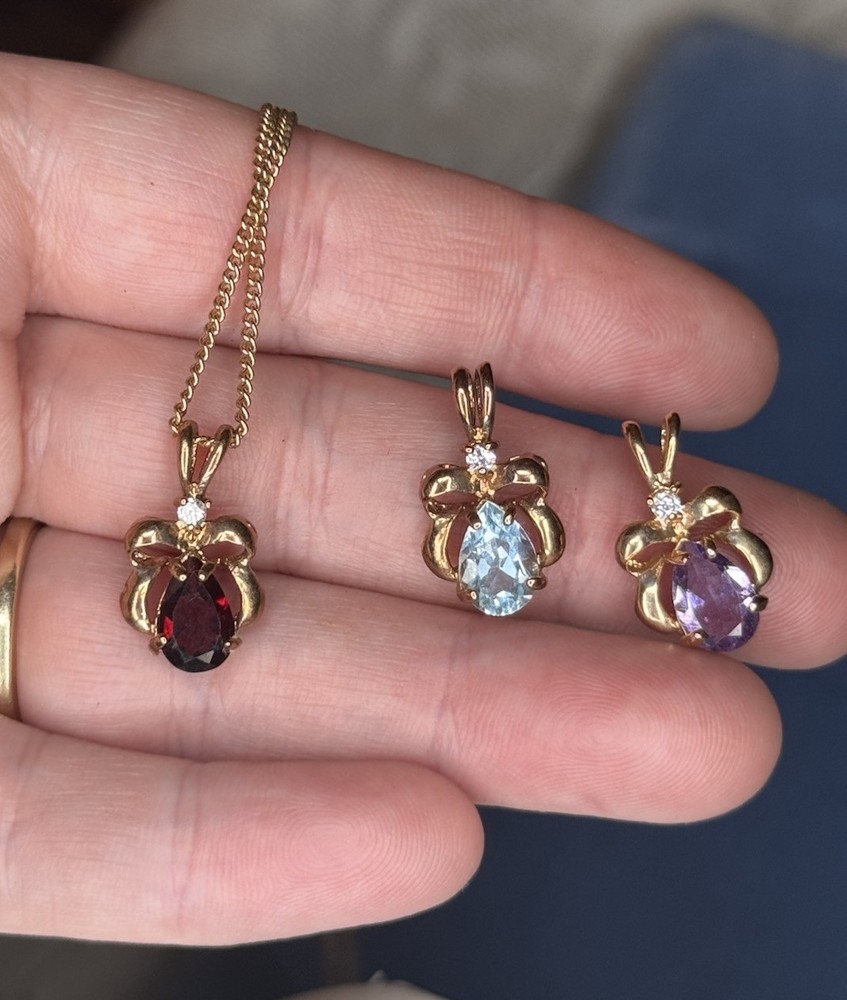 Necklace With Teardrop Pendants Simulated Garnet Amethyst Aquamarine GoldTone