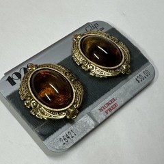 1928 Jewelry Oval Clip On Earrings Gold Tone Amber Cabochon Vintage New