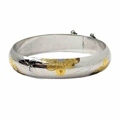 Vintage Two Tone Engraved Floral Bangle Cuff Bracelet Silver 925