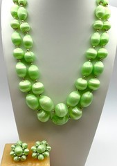 Vintage Lime Green Satin Finish 2-Strand Necklace & Clip Earrings Set MCM Japan