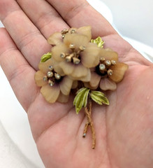 Vintage Flower Brooch Frosted Lucite Rhinestone Floral Pin