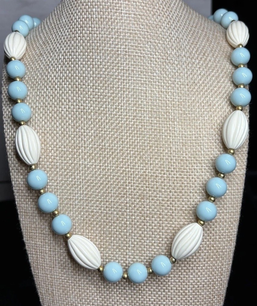Vintage Bead Necklace Pastel Blue White Rib Textured Lucite Brass Spacer 28”