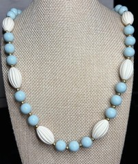 Vintage Bead Necklace Pastel Blue White Rib Textured Lucite Brass Spacer 28”