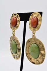 Vintage Cabochon Clip Earrings Antiqued Gold Burnt Rust Green Chunky 80s BinA13